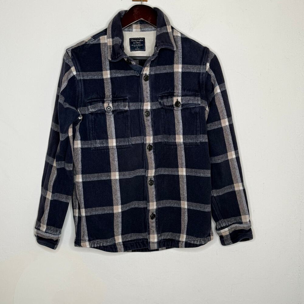 Abercrombie & Fitch Plaid Flannel Shirt Jacket Navy Cotton Sz Small Grunge Cozy - Picture 2 of 11